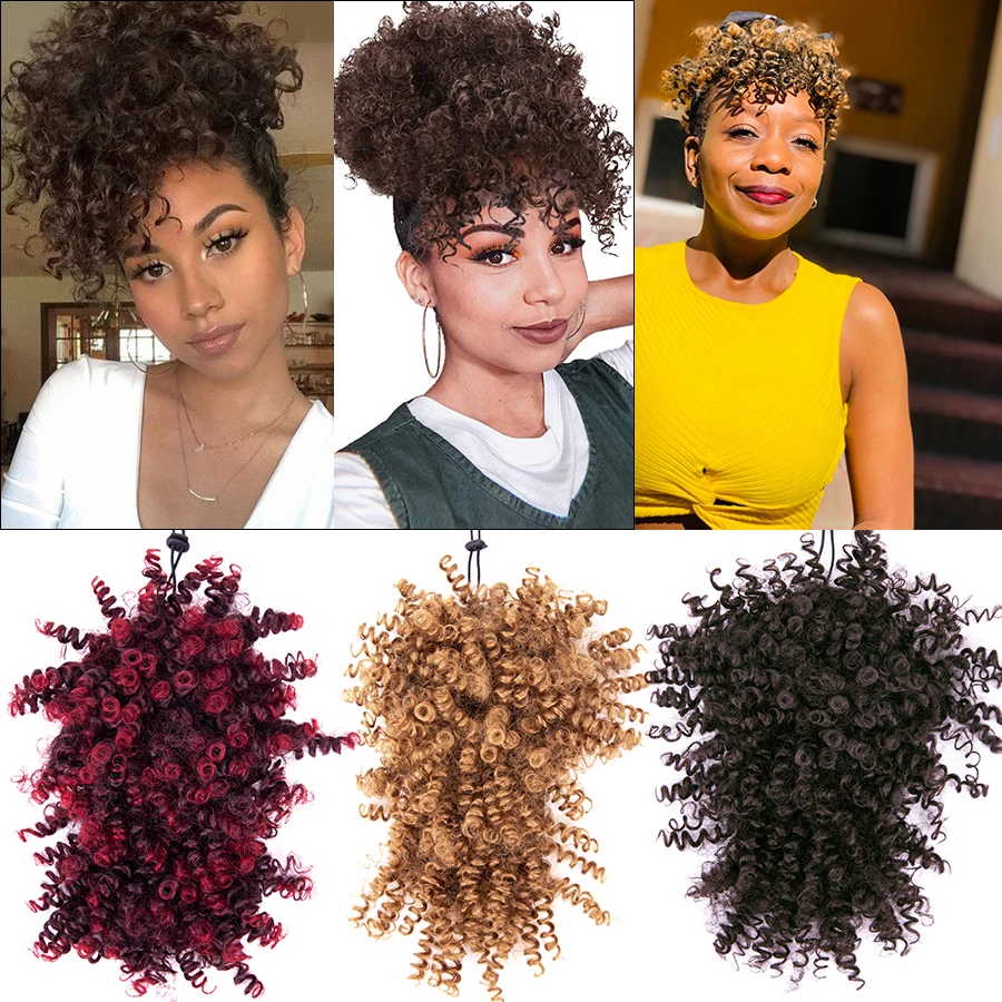 12Inch Synthetic African Kinky Curly Postiche Afro Hair Buns Puff Ponytail Coily Bangs Drawstring Hairpieces Extensions Brown