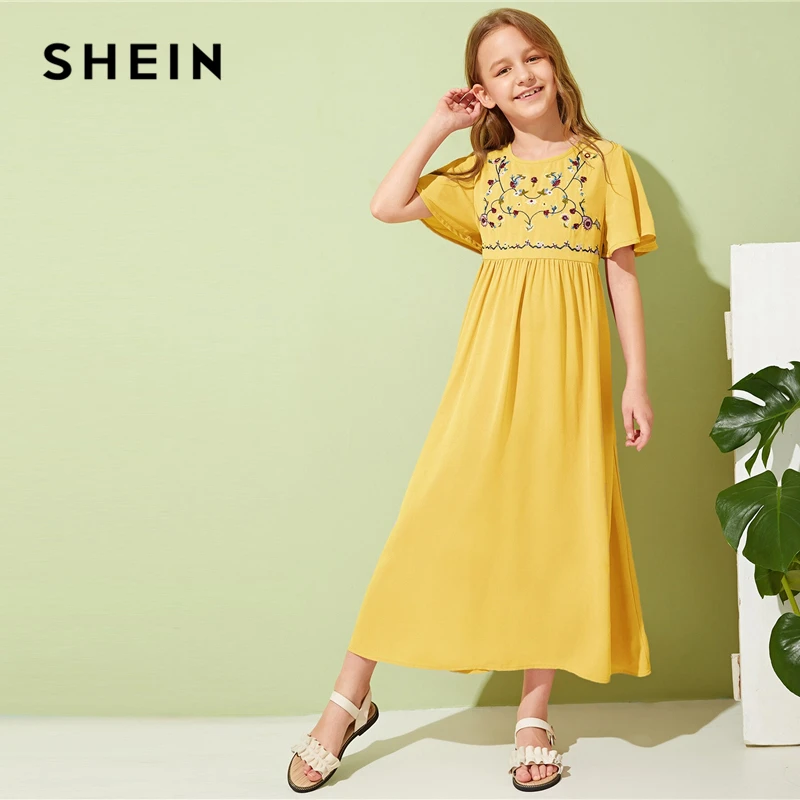 SHEIN/Детское платье для отдыха для девочек с вышивкой спереди и пуговицами; коллекция года; летние длинные платья трапециевидной формы с рукавом-бабочкой в стиле бохо для детей