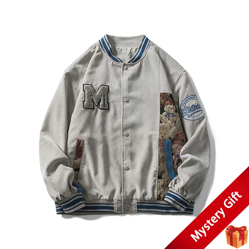 

Men Embroidered Button Front Bomber Jacket Casual Veste Americaine Baseball Letter Bear Print Patched Vintage jackets Coat