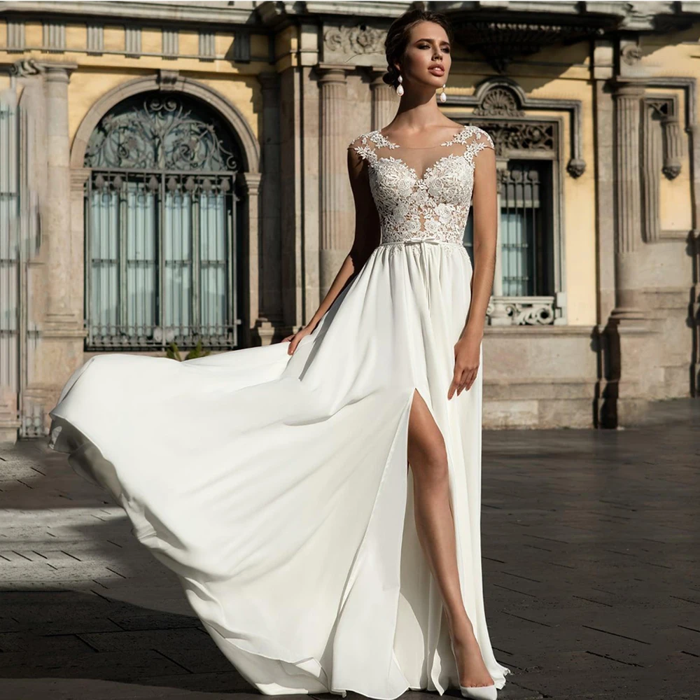 

boho wedding dresses chiffon lace applique cap sleeve robe mariage femme ALine beach high slit brautkleider hochzeitskleid