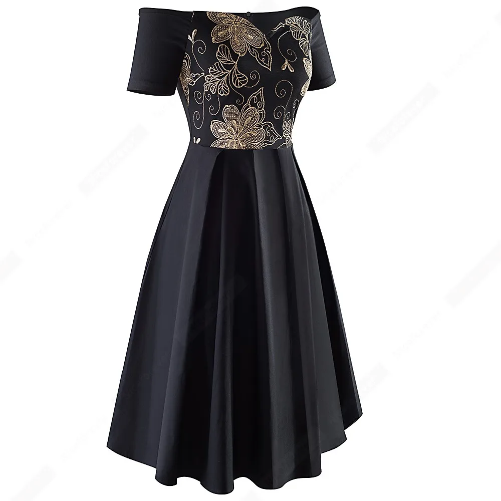 Женское винтажное платье с открытыми плечами черное ТРАПЕЦИЕВИДНОЕ ПЛАТЬЕ