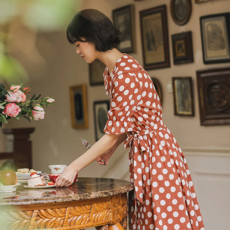 INMAN Summer Doll Collar Retro Wave Point Bowknot Nipped Waist Shourt Sleeve Dress | Женская одежда