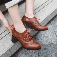 oxford pumps shoes women retro lace up high heels woman round toe large size brogues shoes female brown daily dress pumps