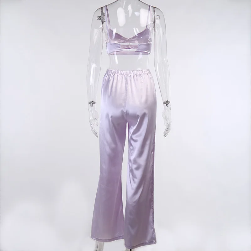 

Night Club 2020 Summer Style Spaghetti Strap Backless Long Pants Purple Satin Two Piece Women Set Fashion Designer Women's Set