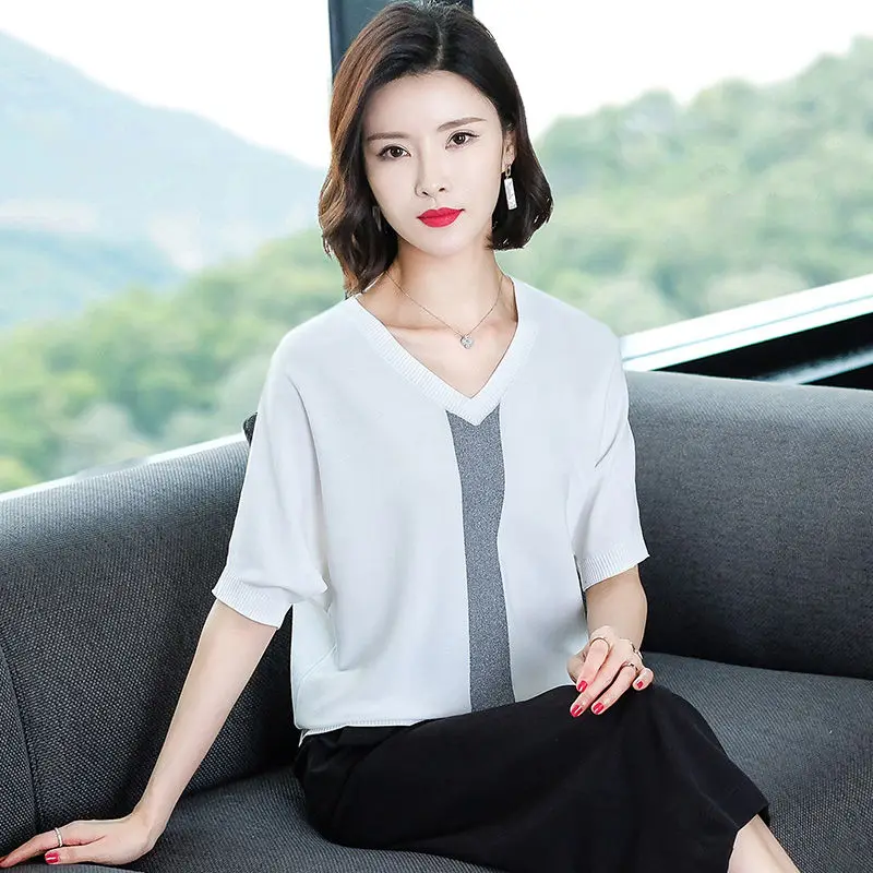Short-sleeved Black V-neck T-shirt Female Stripes Stitching Fashion Loose Thin Frills Section Pullover Women | Женская одежда