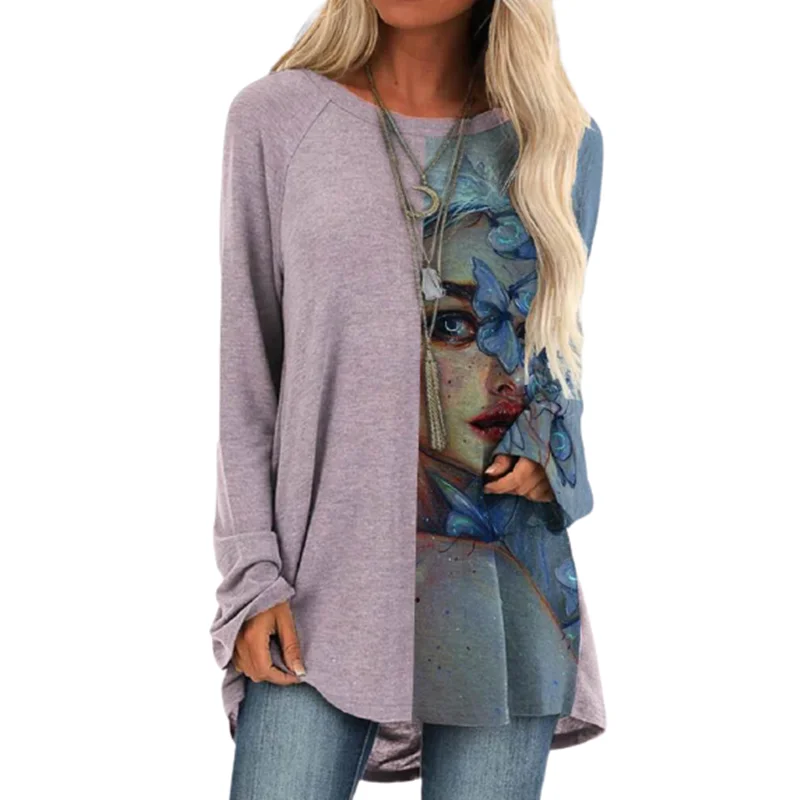 

Women Vintage Girl With Garland Printing Tshirt Harajuku 2020 Autumn New Plus Size Elegant Top T shirt Long Sleeve Casual Shirts
