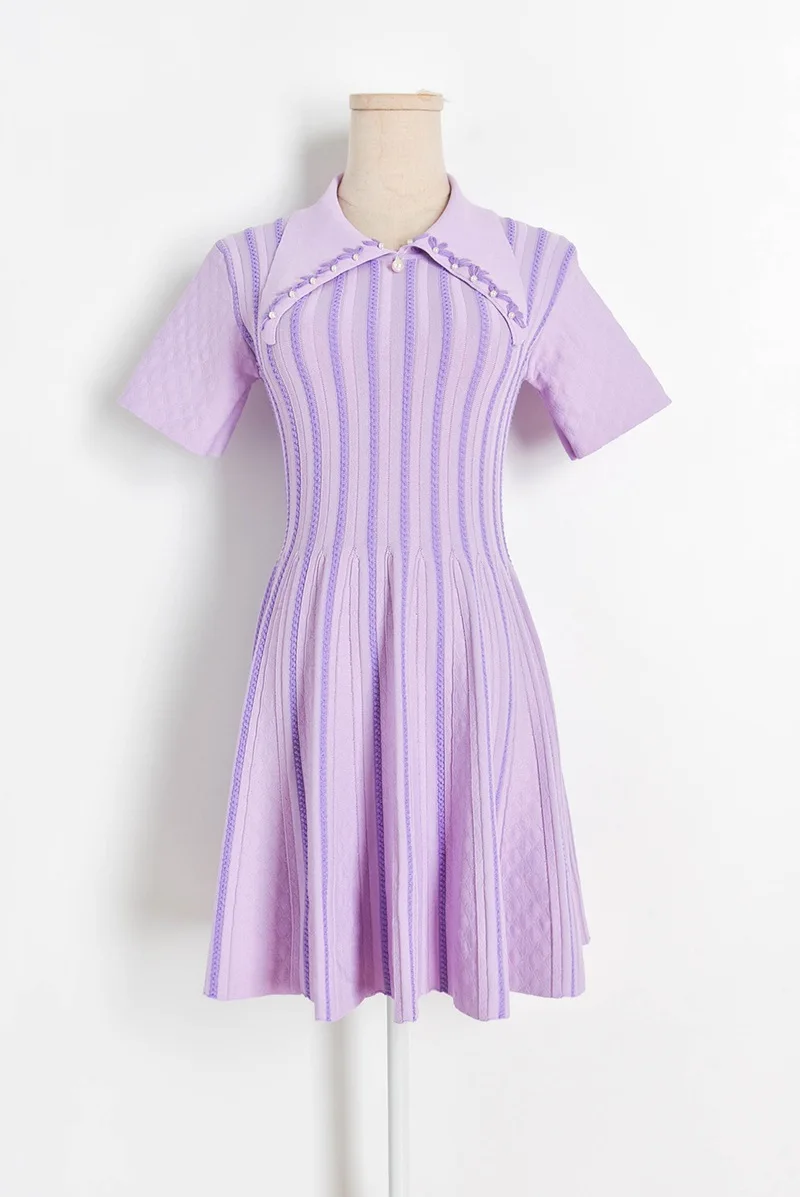 

Cute Mini Sweater Dress Women 2020 Summer Pearls Beaded Short Sleeve Pleated Knitted Dress Pink/Violet
