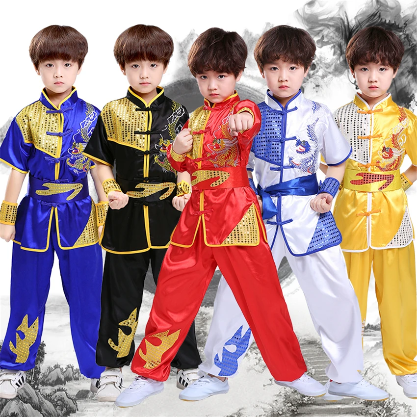 Conjunto de ropa de estilo tradicional chino para niños, uniformes de Tai Chi y Kung Fu de rendimiento largo y corto con bordado de dragón de lentejuelas