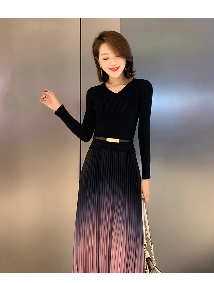 Женское весенне-осеннее трикотажное плиссированное платье миди в стиле пэчворк -