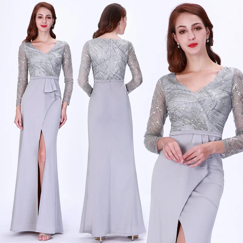 2019 Длинные вечерние платья элегантные серые длинные рукава труба/Русалка v