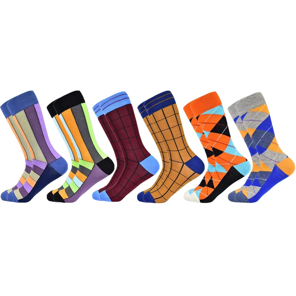 6 pairs socks-4 Популярные мужские носки из чесаного хлопка подарки для мужчин клетчатые геометрические повседневные мужские носки Цветные счастливые мужские носки - Цвет: 6 pairs socks-4