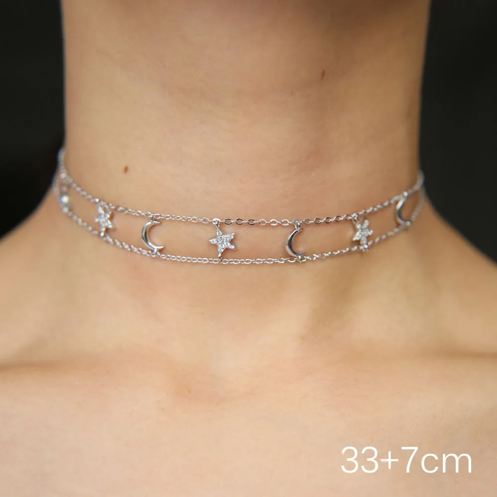 Platinum plating Cz луна звезда оберег ожерелье золотой розовый серебряный цвет Весна чокер двойная цепь нежный Искрящийся cz ожерелье с Луной и звездой - Окраска металла: Platinum plating
