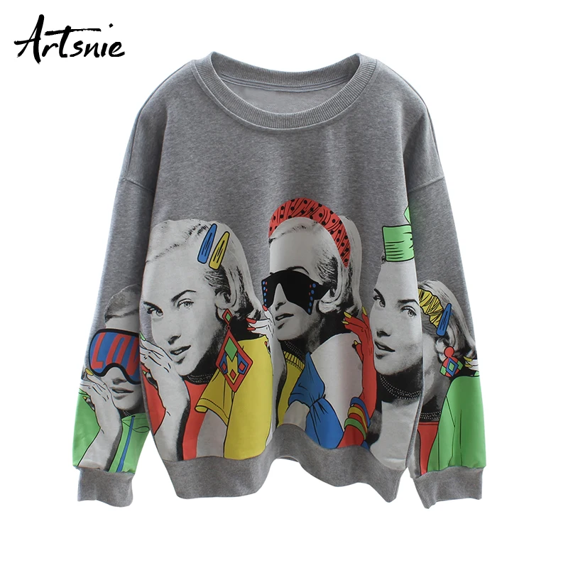 Женские толстовки с принтом Artsnie серые повседневные оверсайз уличные