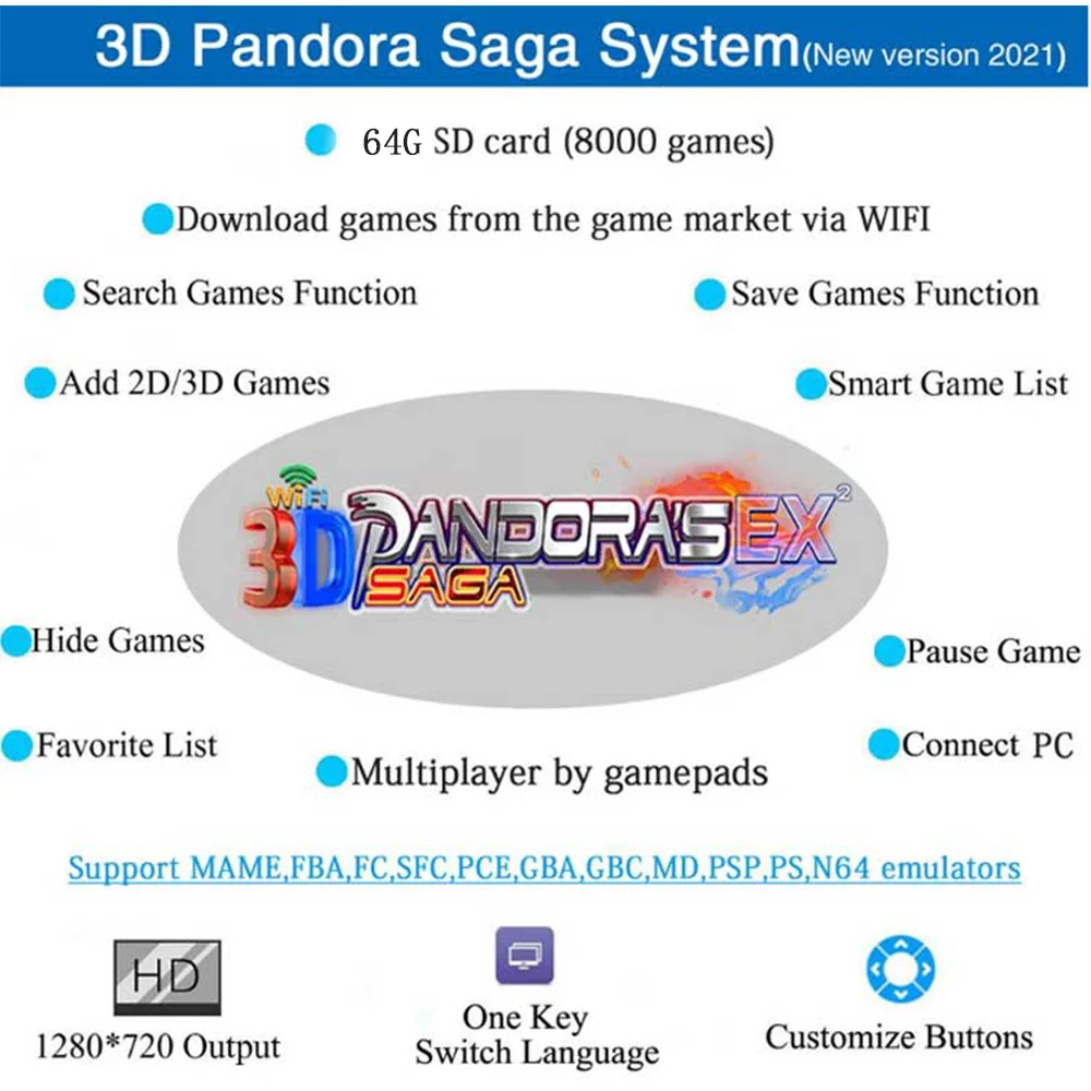 3D Pandora Сага EX Box 1000 в 1 Wifi market 128G SD карта добавьте 2D игру поддержка до 4 игроков