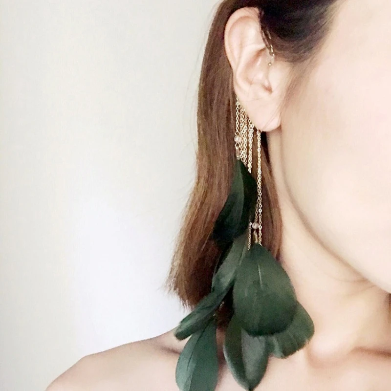 

Boho Green Natural Feather Dangle Hoop Earrings NO Piercing Cuff Ear Clip Women E56A