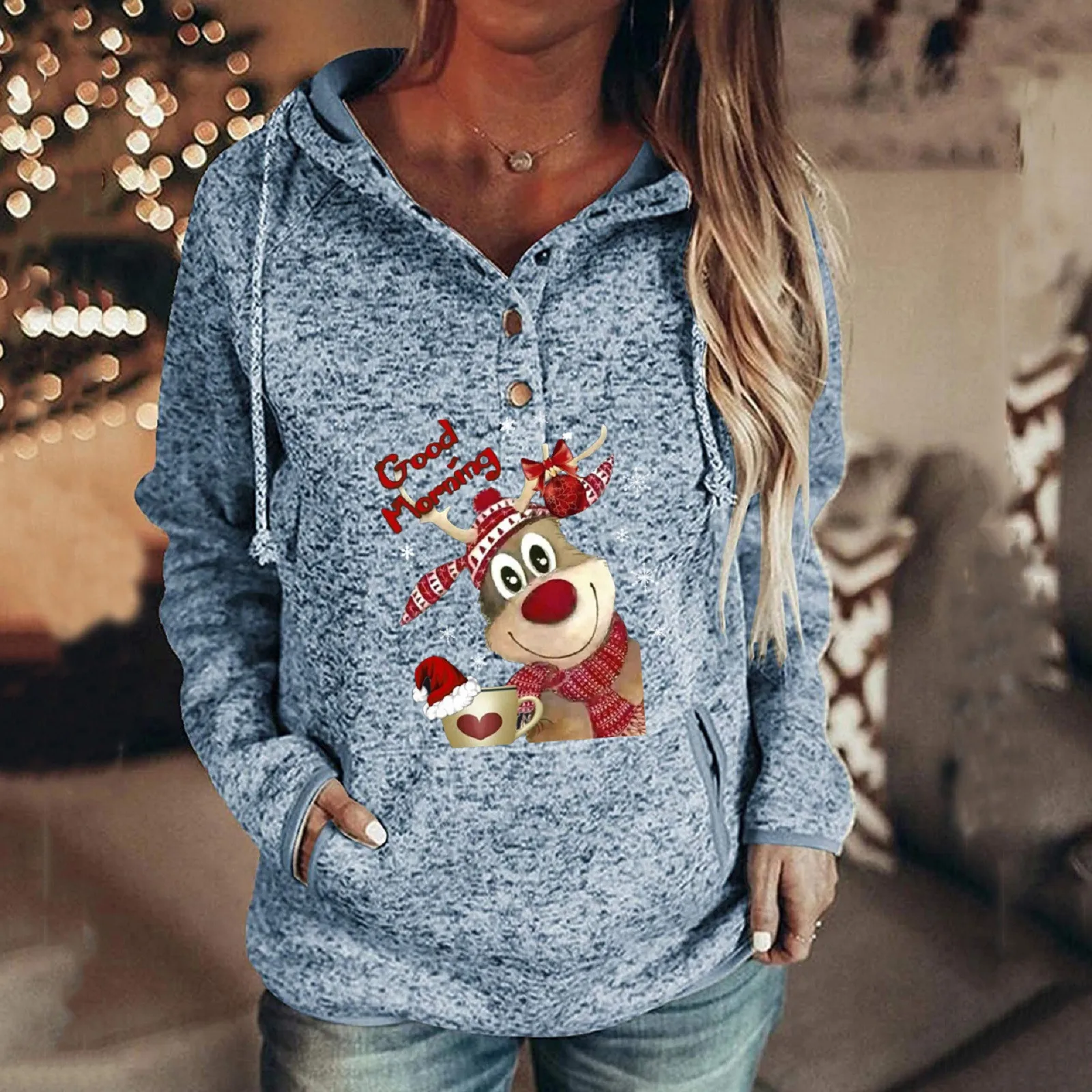 

Womail Women Casual Christmas Hoodie Long Sleeves Buttons Pockets Sweatshirt Elk Print Pullover Tops 2020 NEW #1