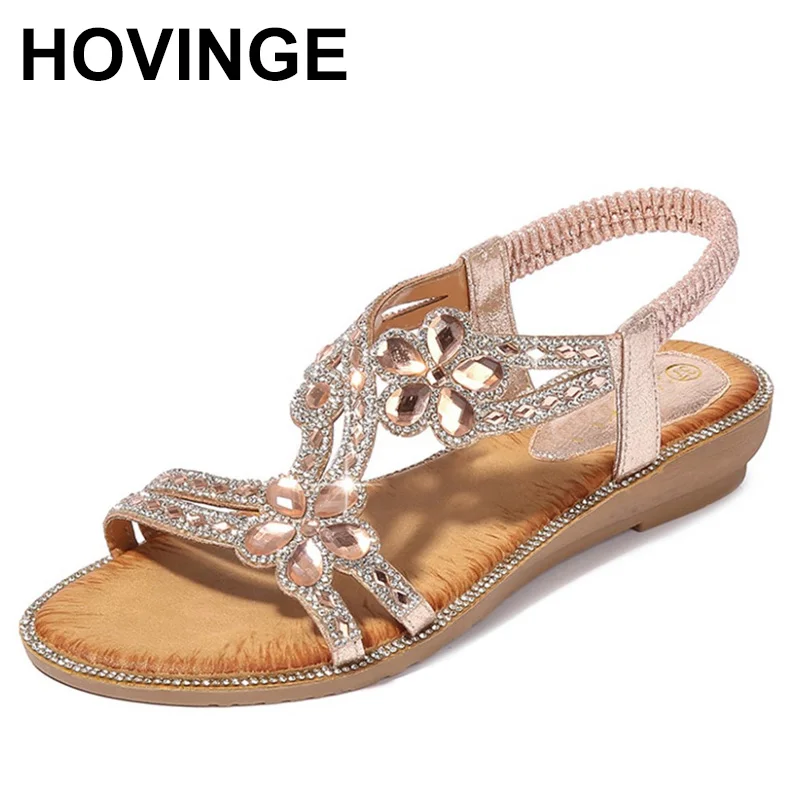 

HOVINGE Ladies Bling Flower Crystal Flat Sandals Summer Bohemia Beach Lace-up Casual Shoes Sandals Zapatos De Mujer WomenSandals