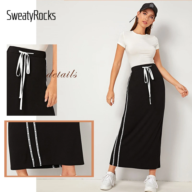 SweatyRocks черные, на шнурке лента для талии боковая юбка-карандаш активная одежда обтягивающие макси юбки женские прямые юбки с высокой талией