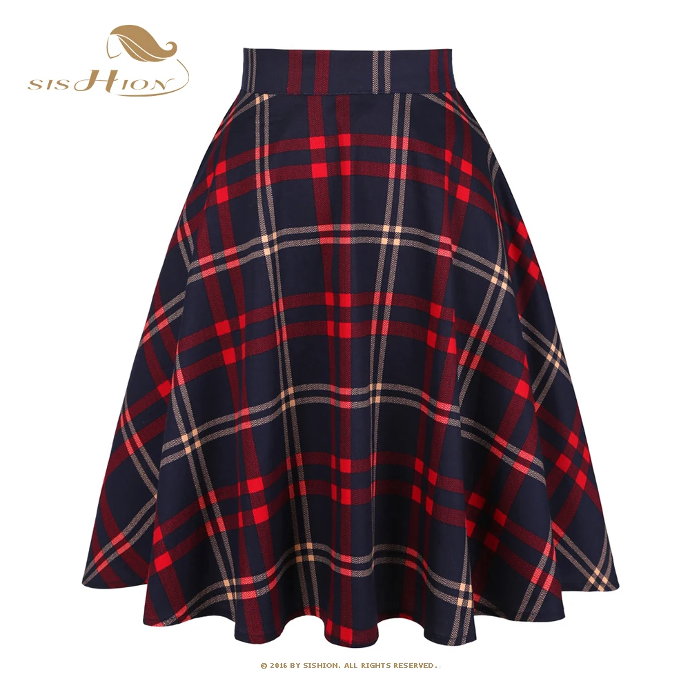 

SISHION 2021 New Women Ladies Summer Skirt VD0020 Irish Skirts Blue Red High Waist Swing 50S 60S Cotton Vintage Plaid Skirt