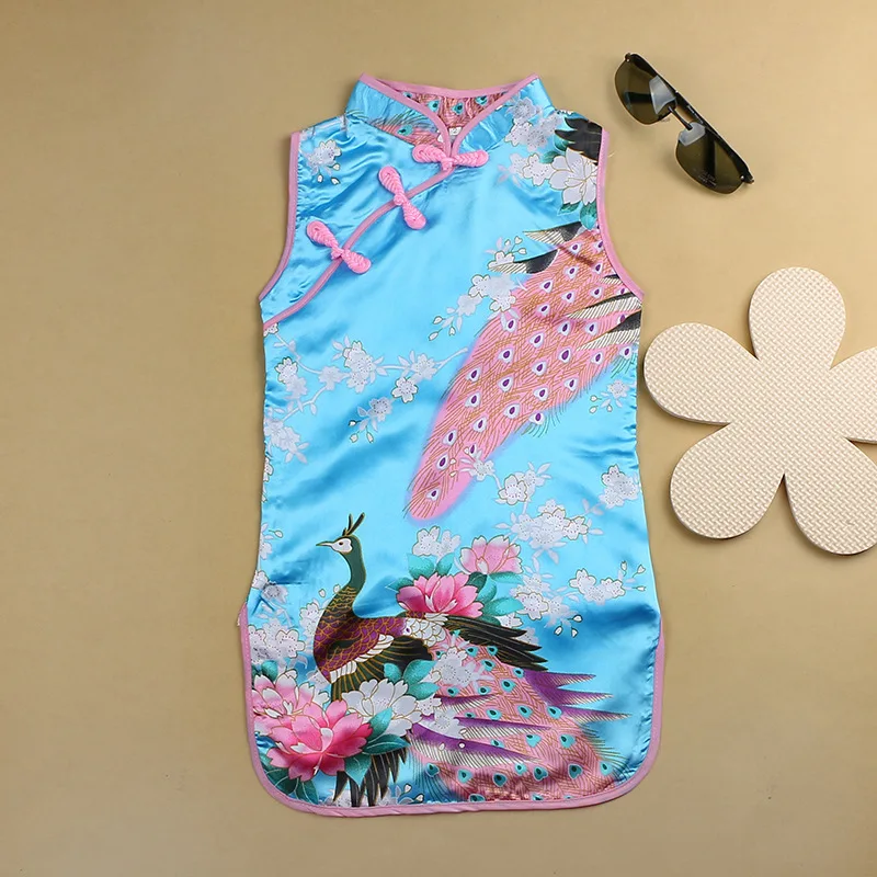 Sky blue dress 6 цветов Детская безрукавка для девочек восточные винтажные китайские традиционные костюмы Чонсам принцессы Ципао Тан костюм наряд - Цвет: Sky blue dress