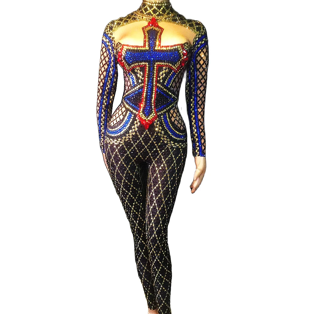 

Sparkling Rhinestones Plaid Jumpsuit Personality Pattern Printing Backless Rompers Nightclub Dance Wear Uniform Costumes Women