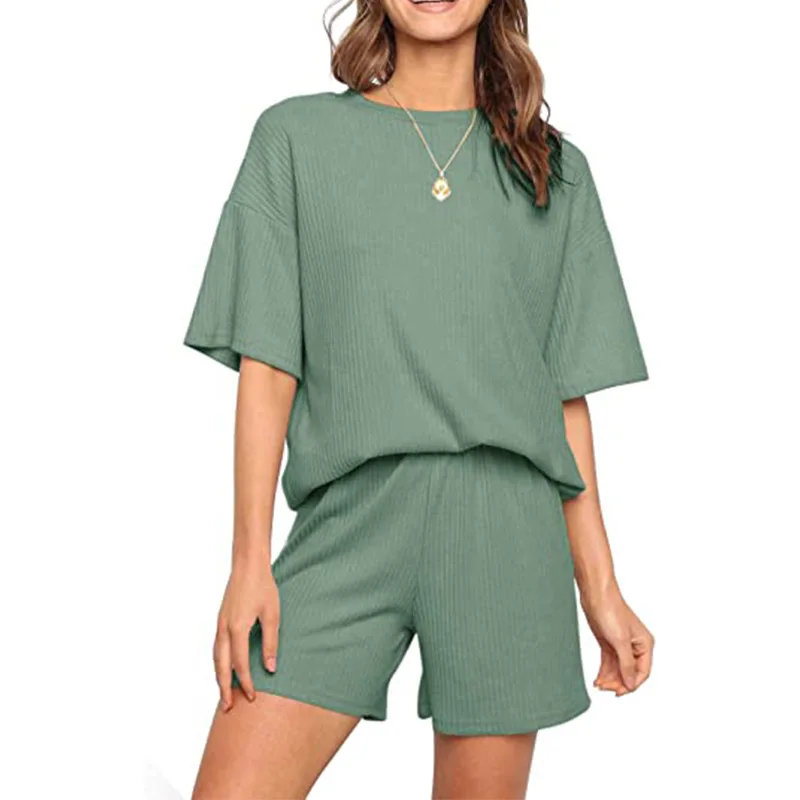 

Donsignet Summer New Ladies Shorts Outfits Fashion Conjunto Feminino Rib Solid Color Casual Short Sleeve Crop Top Two-piece Suit