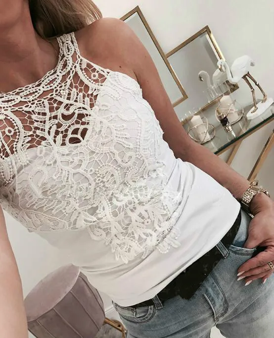 Женская кружевная блузка без рукавов ажурная Лоскутная Блузка с высоким