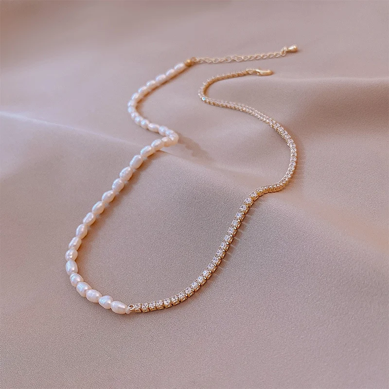 

South Korea freshwater pearl set with diamond splicing necklace French light luxury collarbone chain choker chain South Korea si