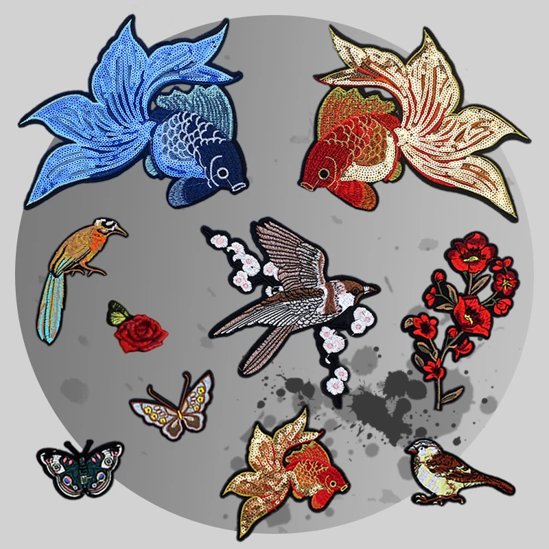 Flower Bird Butterfly Goldfish Embroidered Patches For Clothing DIY Stripes Applique Clothes Stickers Iron On Patches Badges