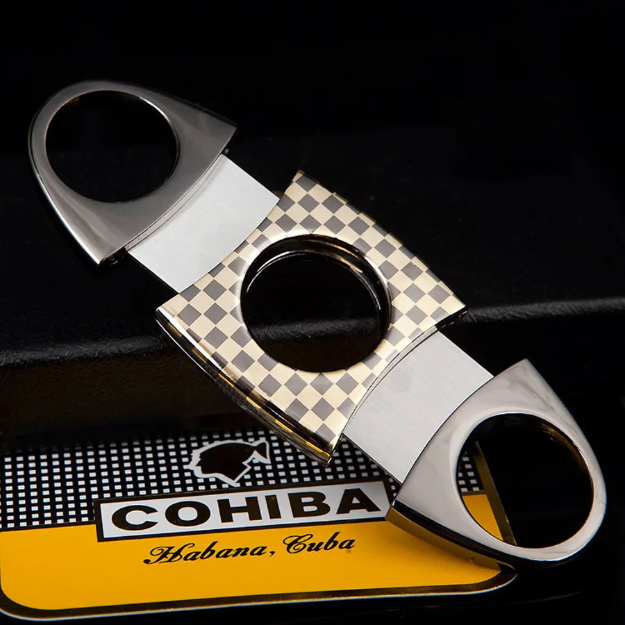 COHIBA гаджеты сетки двойные ножи из нержавеющей стали Форма нож для обрезки сигары Карманный гаджет Zigarre кубинские принадлежности для курения 152WHL