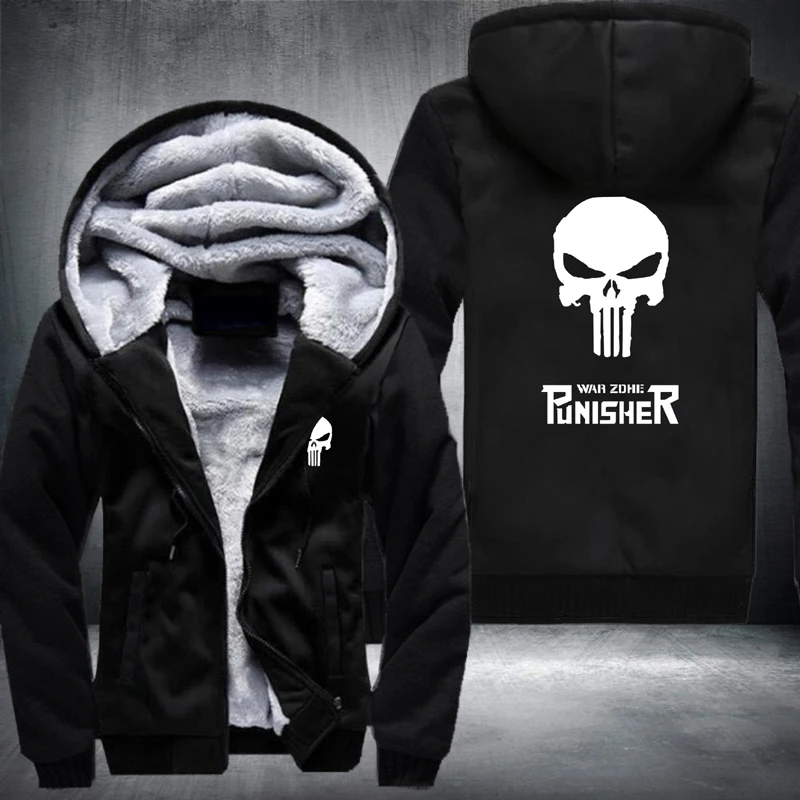 

New Winter Men's Punisher Jacket Casual Fashion Long Sleeve Zipper Hooded Plush Warm Sport Coat European Size S-5XL