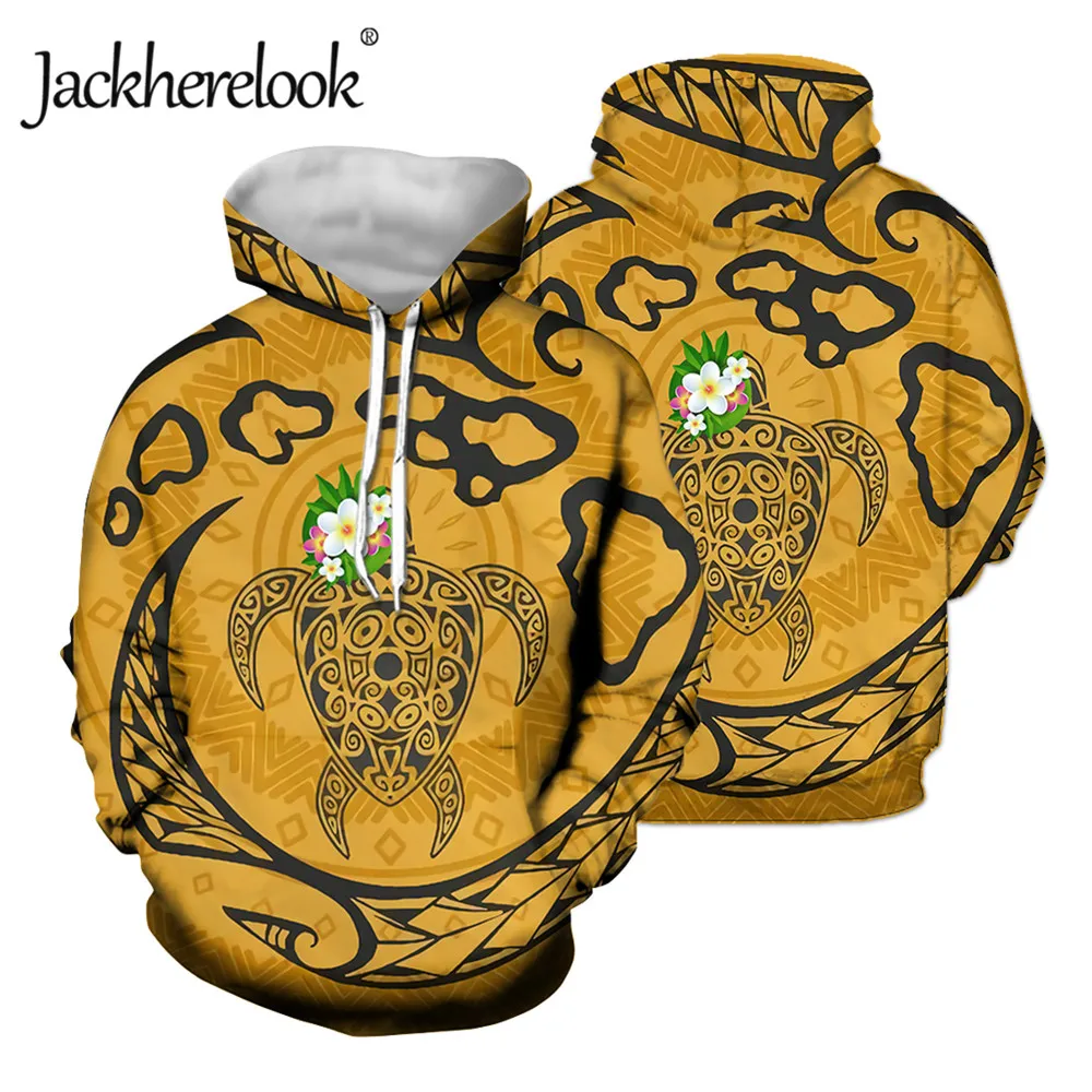 

Jackherelook Vintage Polynesian Tribal Turtle Floral Print Front Pockets Hoodie Couples Oversize Tops Women Pullover Sweatshirts