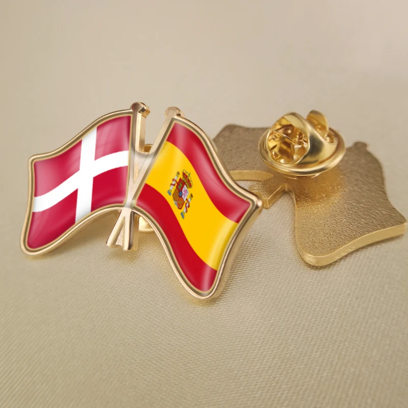 

Denmark and Spain Crossed Double Friendship Flags Lapel Pins Brooch Badges