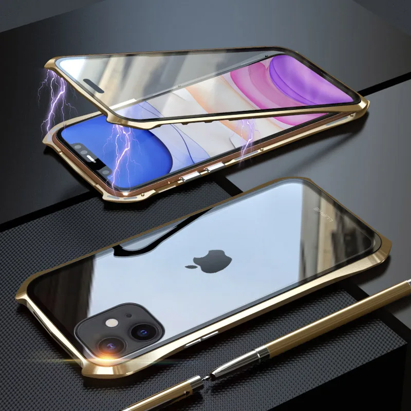Передний и задний Магнитный стеклянный чехол для Apple iPhone 11 Pro чехол 360 металлический бампер полный корпус чехол для etui iPhone 11 Pro Max чехол - Цвет: Full Gold