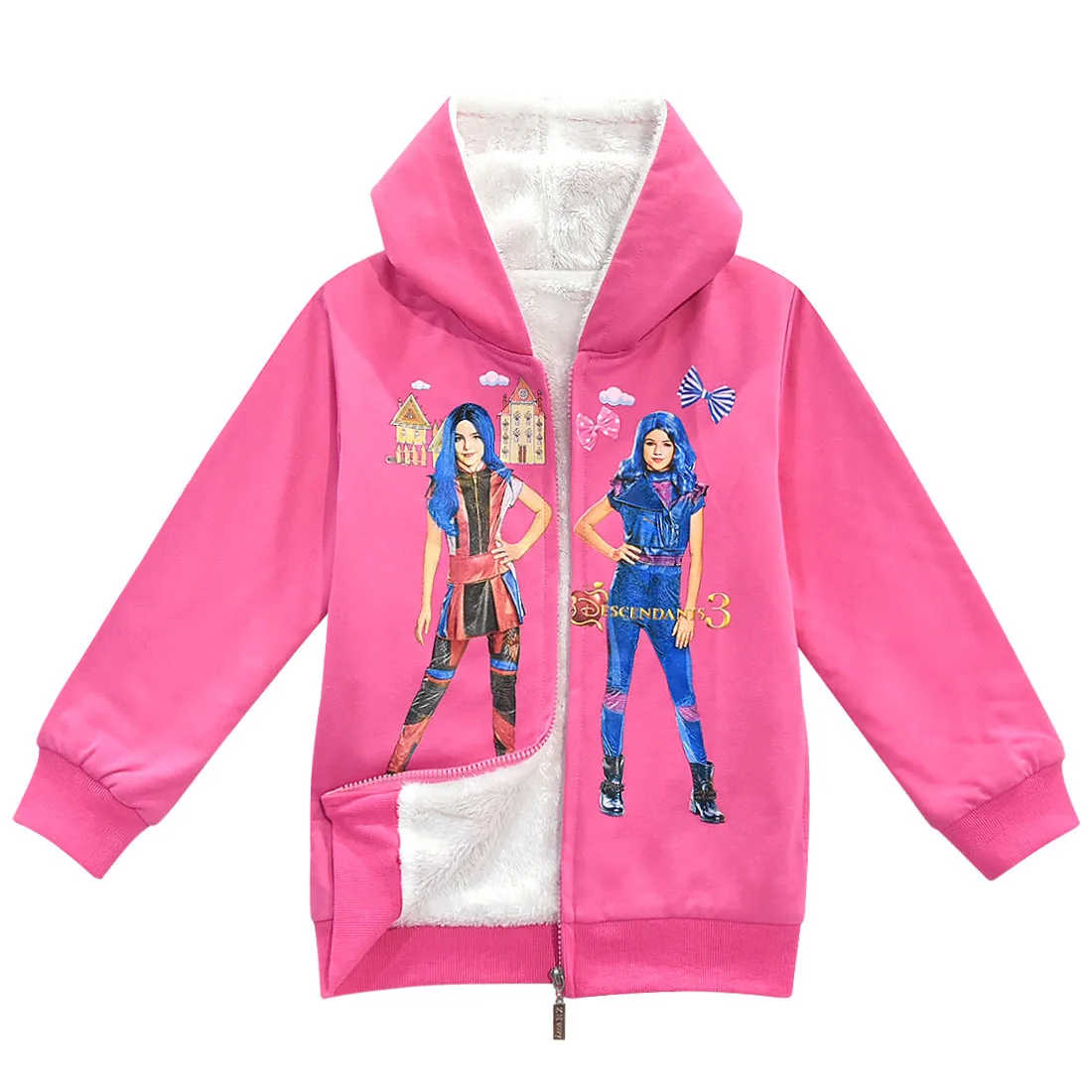 Осенняя детская куртка кардиган с капюшоном принтом Потомки утепленная плюшевая