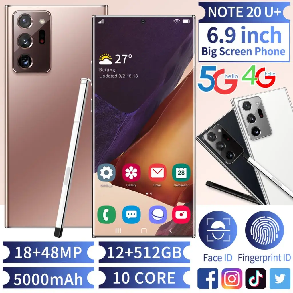 

Note 20U+ Smartphone Android 6.9 Big Screen Phone 18+48MP Global Version Push-Button Phone MT6889 Deca Core Unlocked Cell Phones