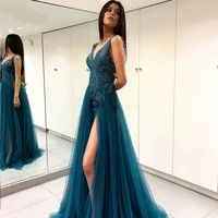 tulle evening dresses 2022 sexy side slit a line v neck appliques beads pleat formal party prom gown for women floor length