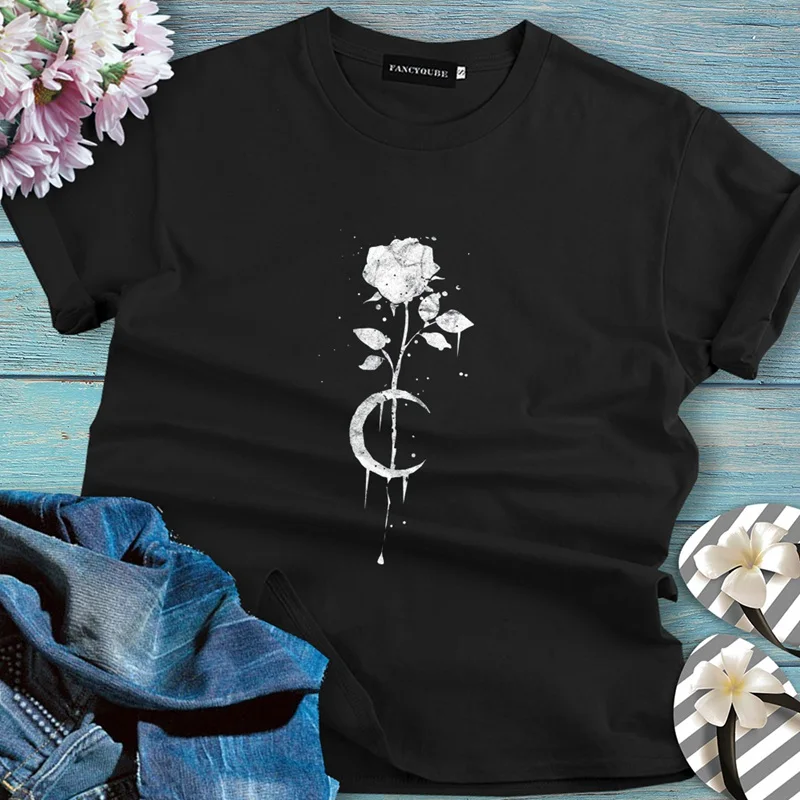 

2020 Gothic Style Black Short Sleeves T-shirt Female Rose Moon Print Causal Tee Women's T Shirts O-neck Summer Street Unisex Top