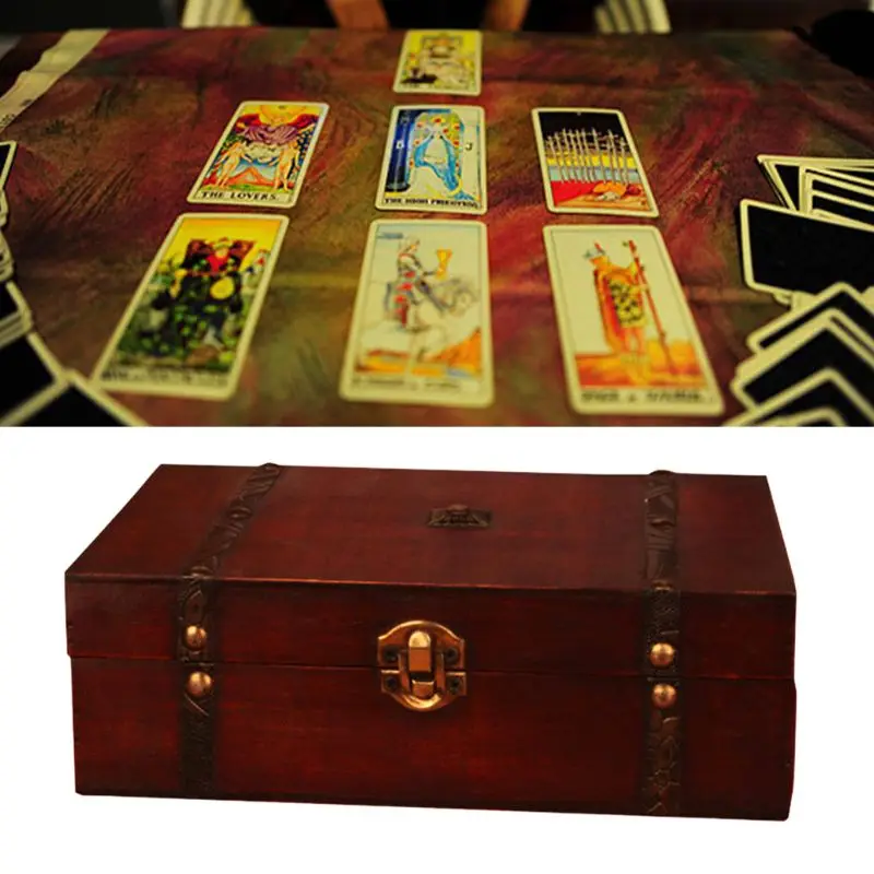 

Antique Wooden Treasure Box Board Game Storage Box for Poker Card Tarot Trinkets G99D