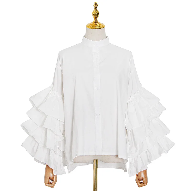 

The new spring 2021 aristocratic temperament of 24619 layers of pure color horn sleeve blouse