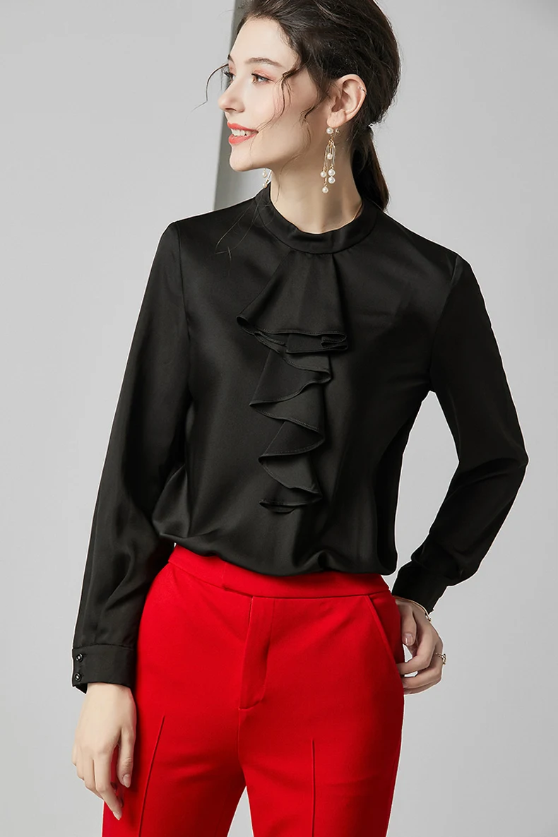 Женские Подиумные рубашки смесь из шелка с круглым вырезом и длинными рукавами