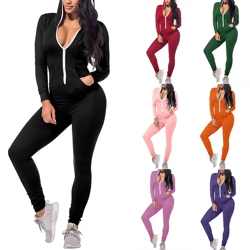 

Women Solid zipper up long sleeve hooded sexy playsuit female fitness rompers overalls casual sporting tracksuit outfit