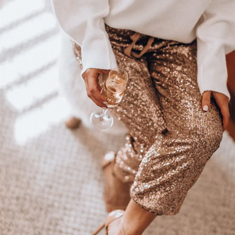 

Sexy Shiny Sequined Glitter Long Pants Women Casual Elastic Waist Spring Sweatpant Lady Straight Loose Trousers Party M0142