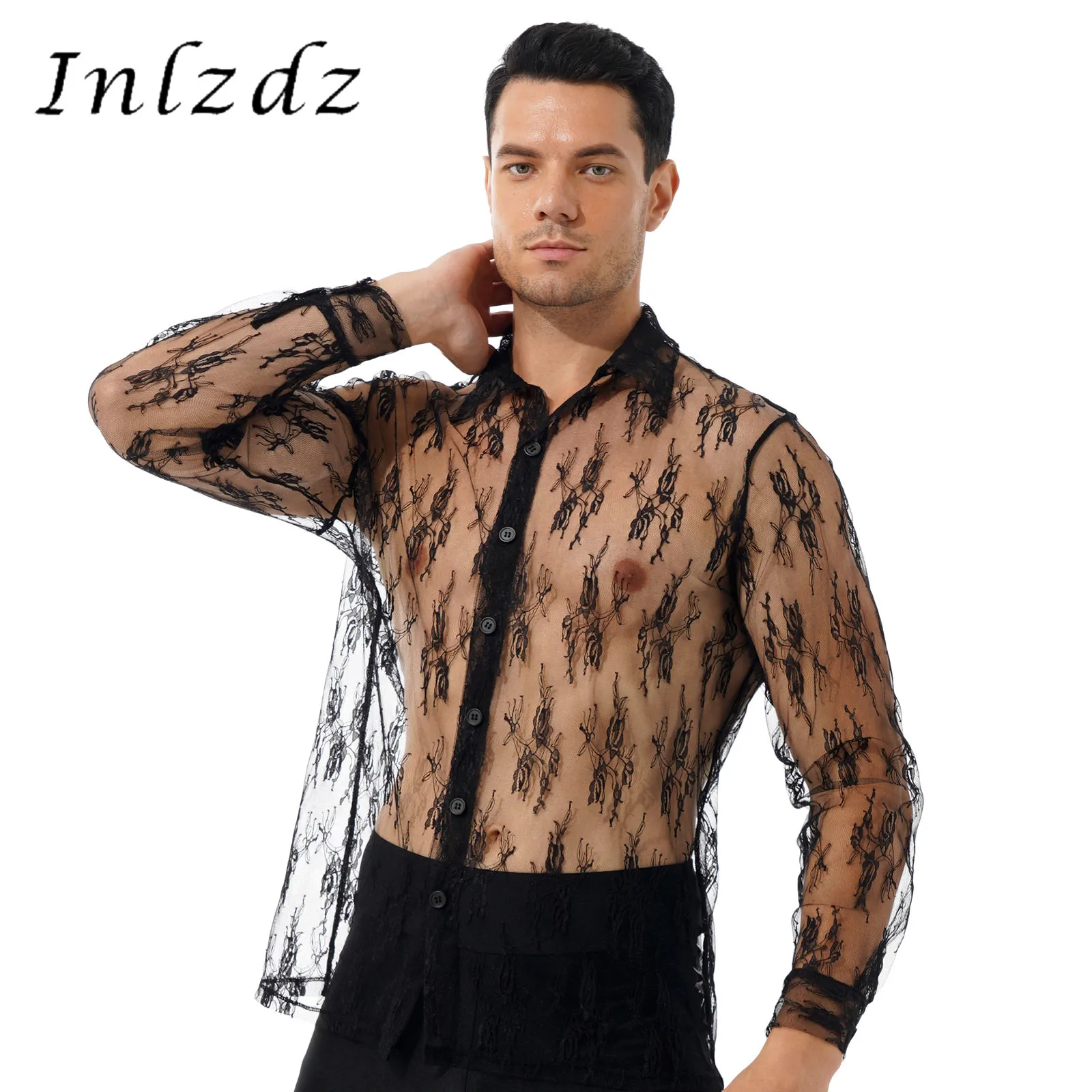 

Мужская модная Прозрачная кружевная рубашка с цветочным рисунком, отложной воротник, футболка на пуговицах с длинным рукавом, топы, мужской...