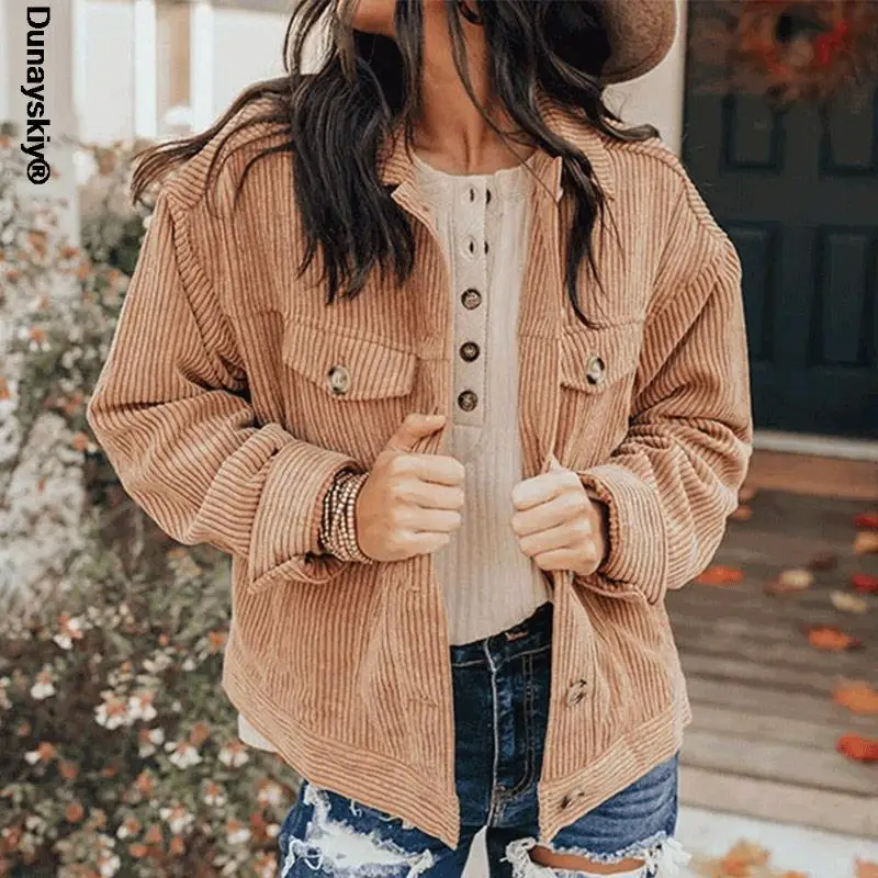 

Autumn 2022 Ribbed Long Sleeve Coat Women's Casual Solid Turn-down Collar Single Breasted Short Coats Female Vintage Jacket