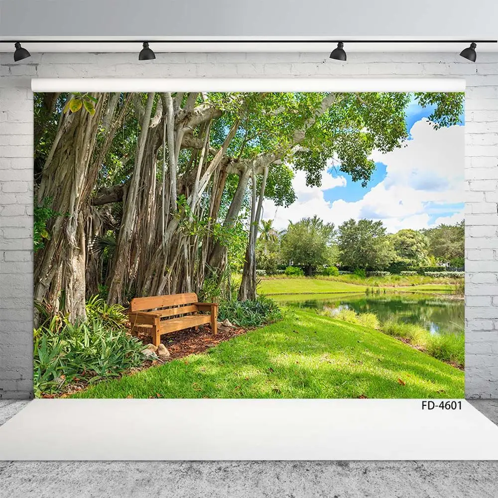 Виниловый фон для детской фотосъемки с изображением деревянной скамейки луга
