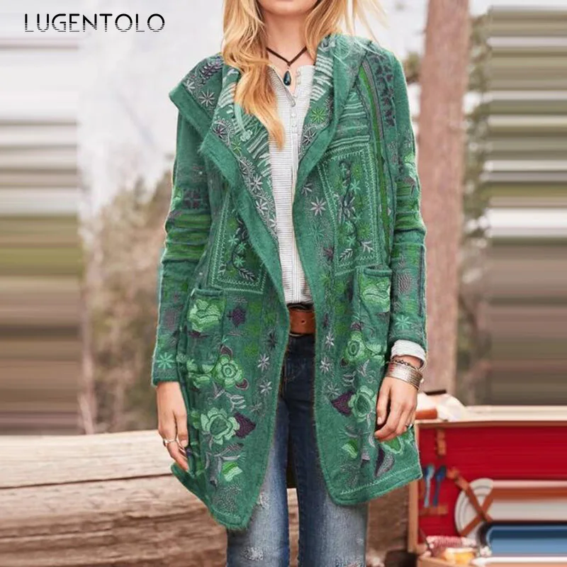 

Lugentolo Autumn Women Slim-Fit Trench Floral Printed Casual New Long-Sleeved Coat Cardigan Lapel Female Long Jacket Large Size