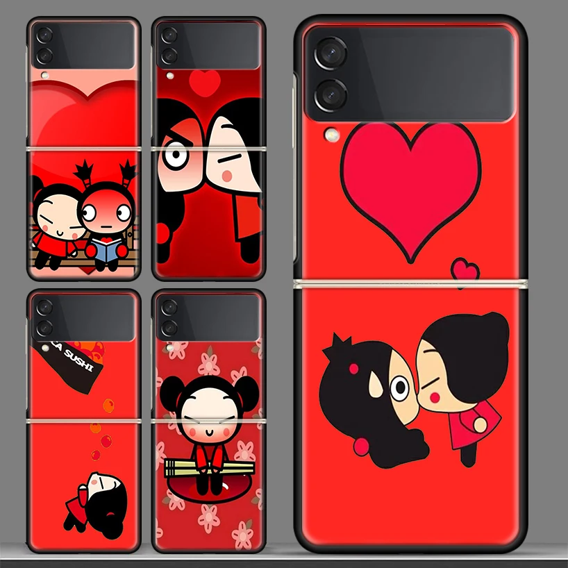 

Cute Cartoon Pucca Garu Black Phone Case For Samsung Galaxy Z Flip 3 PC Cover ZFlip 3 5G Luxury Art Pattern Bumper Coque Shell
