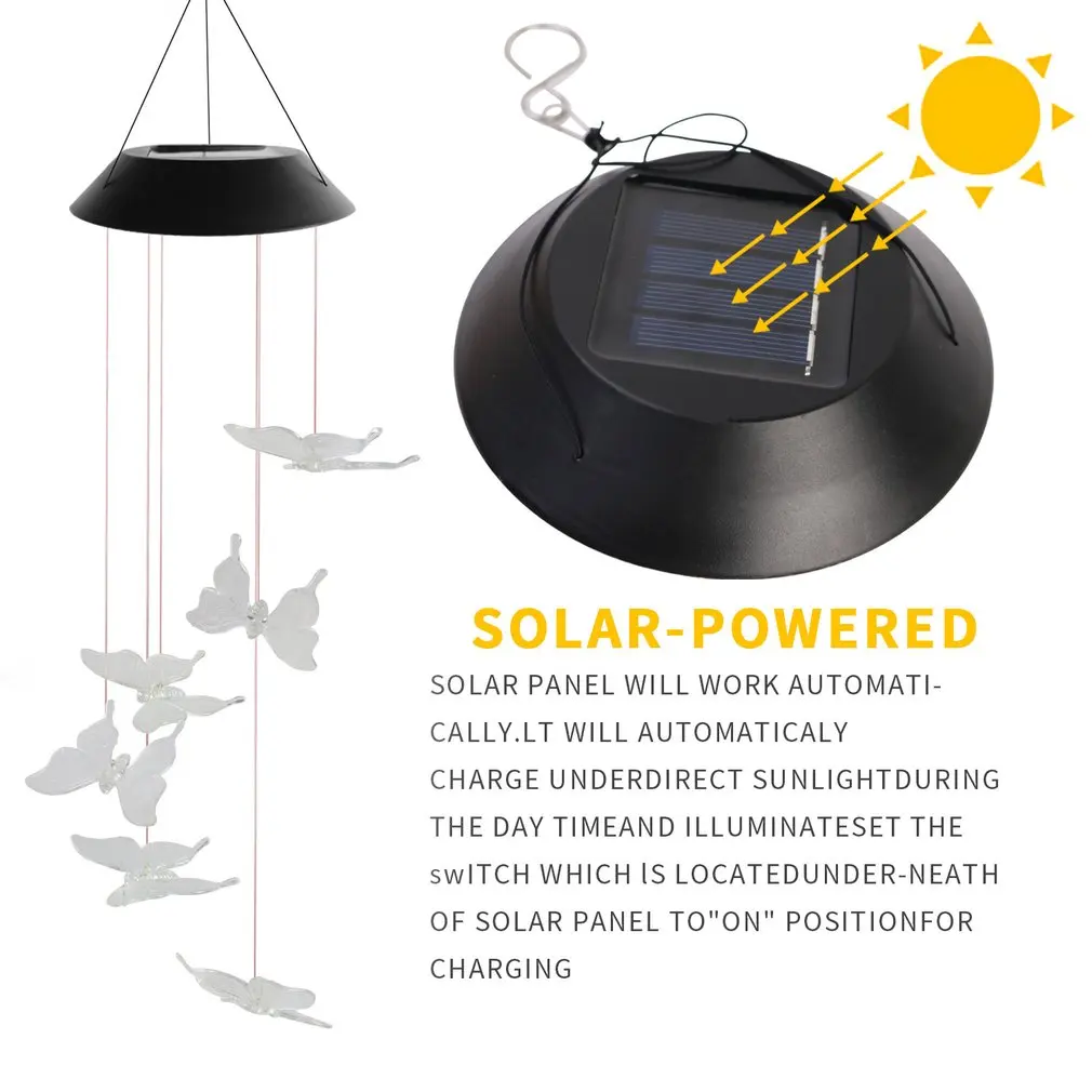 

ICOCO Color Changing Solar Power Wind Chime Crystal Ball Butterfly Waterproof Outdoor Windchime Light For Patio Yard Guard Sale