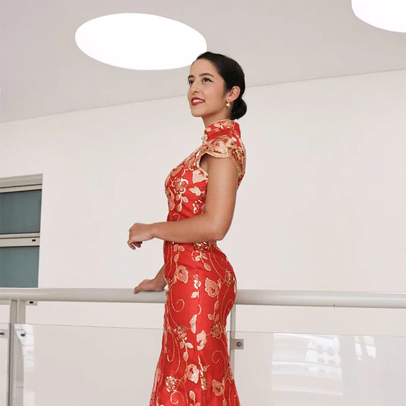 Красное китайское свадебное платье женское длинное с коротким рукавом Cheongsam Золотое тонкое китайское традиционное платье женское Qipao для свадебной вечеринки